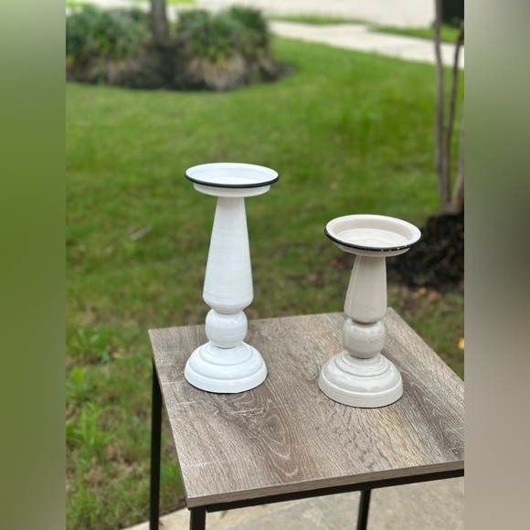 White Enamel Pillar 2 pc Candle Holders with Black Trim - Picture 7 of 8